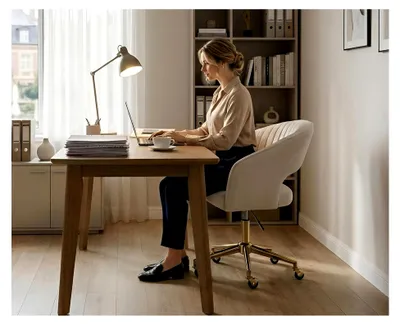 Produktbild von Verstellbarer Bürostuhl aus Chenille für Zuhause, moderner Drehstuhl mit offener Rückenlehne (Beige)