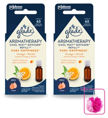 Imagen del producto de 2 unidades de recambio para difusor de aromaterapia Glade, fragancia "Pure Happiness", con notas de naranja y neroli, 17,4 ml. Pack económico