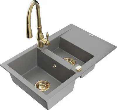 Produktbild von Mexen Gaspar 1,5-Becken-Granitspüle mit Abtropffläche und Mischbatterie Savita, Grau - 6507-71-672601-50