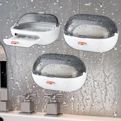 Image de TRANKIELO® - Support pour savon sans perçage – avec égouttoir et couvercle – fixation murale – lot de 3 – plastique, gris