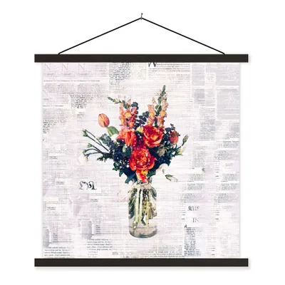 Produktbild von MuchoWow® Textilposter Vase - Blumen - Zeitungspapier 60x60 cm mit schwarzem Rahmen - Posteraufhänger