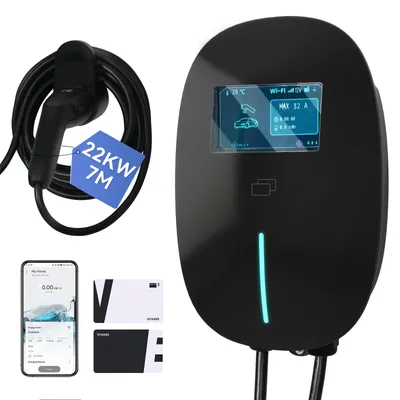 Produktbild von Puluomis Wallbox Ladestation 22kW Ladekabel 7m Typ 2 mit Halter,EV Ladegerät 3-phasig 6-32A einstellbar, IP65 mit Wlan & Bluetooth 24h Timer Schwarz