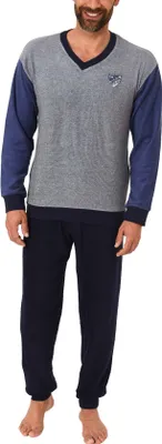 Produktbild von Lässiger Herren Frottee Schlafanzug langarm Pyjama mit Bündchen  - 291 101 13 575 ; blau , 54
