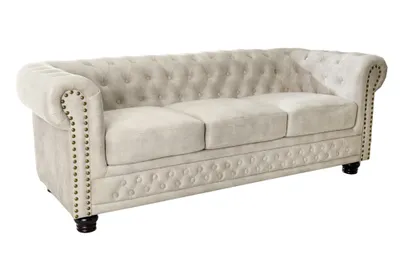Produktbild von Chesterfield 3er Sofa 200cm Samt champagner 3-Sitzer mit Knopfheftung und Federkern