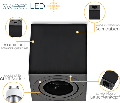 Produktbild von Sweet LED Aufbaustrahler eckig schwarz Aufbauspot GU10 7W Aluminium Deckenspot