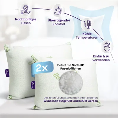 Two white pillows with green accents are shown, with marketing text and icons highlighting product features.