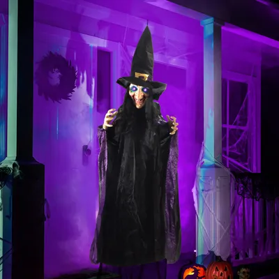 Animierte Hexe 188 cm, LED-Augen, Gruselgeräusche, Halloween-Deko