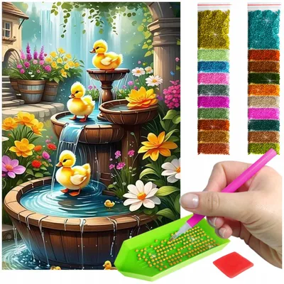 Zdjęcie produktu dla Haft diamentowy ARTULIO - Trzy kaczuszki przy fontannie - 60 × 40 cm - Diamond painting, Kompletny zestaw: mozaika + akcesoria