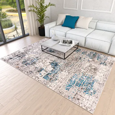 Produktbild von Mazovia Abstraktes Vintage Designer Teppich - Kurzflor - Weich Teppich für Wohnzimmer, Esszimmer -  Wohnzimmerteppich - Teppiche Beige Blau Grau 200 x 300 cm