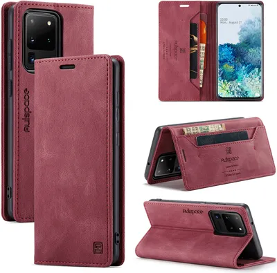 Produktbild von Samsung Galaxy S20 Ultra Brieftasche Hülle, Retro Kunstledertasche Stand Schutzhülle für Samsung Galaxy S20 Ultra 5G Rot