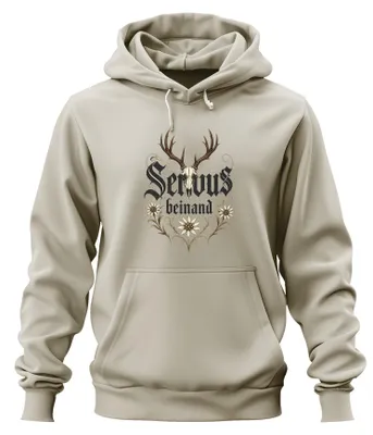 Produktbild von Servus beinand Hirsch Geweih Edelweiss Bayern Lederhose Hoodie Kapuzenpullover, Natur, XL