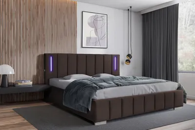Produktbild von Polsterbett 200 x 200 cm mit Bettkasten und Matratze Lattenrost, Bonellmatratze H4, LED-Beleuchtung Velours Braun Ankona