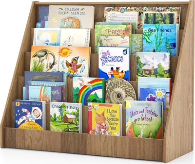Produktbild von COSTWAY Kinderregal mit 5 Fächern, Bücherregal für Kinder, Zeitungsständer aus Holz, Aufbewahrungsregal für Kinderzimmer, 91 x 38 x 76,5 cm (Natur)