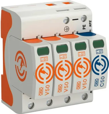 A close-up, front-facing view of a multi-module electrical surge protector device.