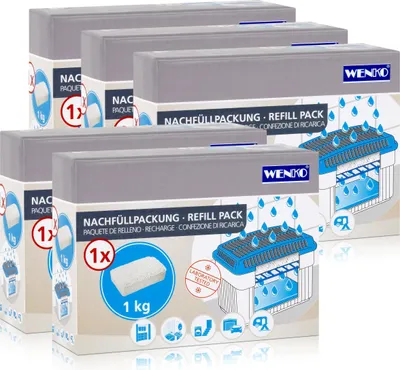 A stack of five boxes of Wenko moisture killer refill packs.