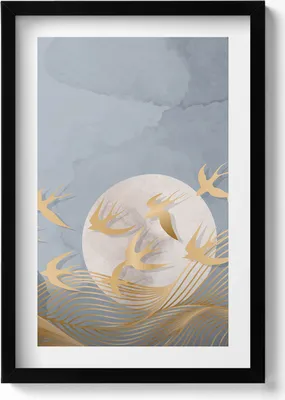Produktbild von Illustration des Mondes und fliegender Vögel– Wandbild mit Rahmen – Gerahmtes Bild  – Wanddekoration – 40x60 cm –  Schwarz