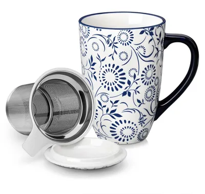 Image de Tasse en céramique avec couvercle et filtre, 540 ml, motif floral bleu et blanc