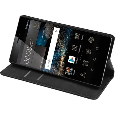 Produktbild von PhoneNatic Kunst-Lederhülle kompatibel mit Huawei P8 - Book-Case schwarz + 2 Schutzfolien