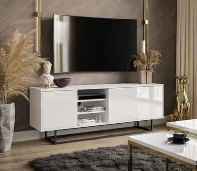 Produktbild von SANAYI RTV Schrank mit Ablagen weiß glänzend schwarzes Metallgestell