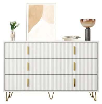 Productafbeelding van Buffet in modern wit en goud, 120x40x77 cm, met 6 lades, ruime opbergruimte, gouden handgrepen en een elegant design, geschikt voor de woonkamer, eetkamer of slaapkamer