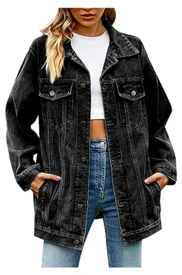 Produktbild von Oversize Jeansjacke für Damen, Langarm, einfarbig, elegant, Vintage-Style, mit Knöpfen, große Größen