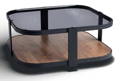 Image de Table basse moderne, noire, en verre et bois, avec plateau et étagère inférieure