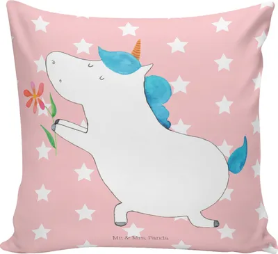 Produktbild von Mr. & Mrs. Panda Sofakissen Einhorn Blume - Rot Pastell - Geschenk, Einhörner, Kissen 40x40, Kuschelkissen, Liebe, Couchkissen, Ehepaar, für sofa, Unicorn, Dekokissen