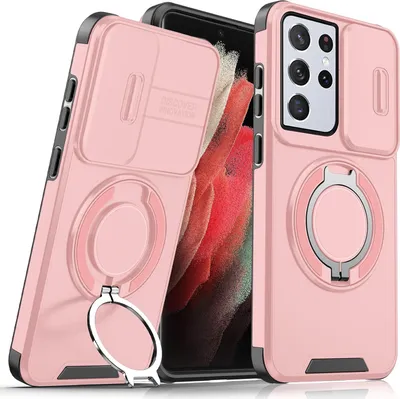 Immagine prodotto di Custodia a doppio strato per Samsung Galaxy S21 Ultra 5G, con copertura scorrevole della fotocamera e supporto ad anello magnetico Rosa