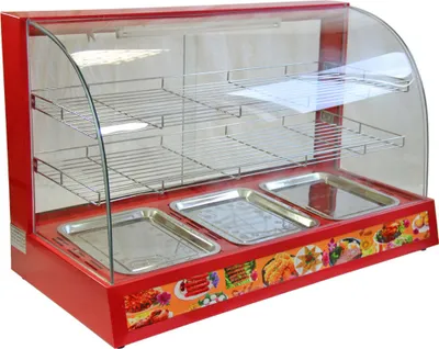 Image de Vitrine chauffante électrique KuKoo pour plats chauds, réchauffeur de plats, réchauffeur de buffet, 2 étages pour aliments, avec portes coulissantes en verre, 90 cm, rouge