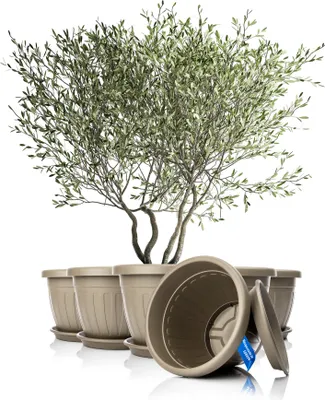 Produktbild von BigDean 6x Blumentopf mit Untersetzer rund ø50xH38 cm Mokka/braun - wetterfester Pflanzkübel - Wasserablauf UV-beständig aus bruchsicherem Kunststoff