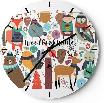 Produktbild von Wanduhr - Rund - Glasuhr - Winter Baum Wald Tiere - 30x30cm - Schleichendes Uhrwerk - Lautlos - zum Aufhängen bereit - Dekoration Modern - Wanddekoration aus Glas - C3AR30x30-2926
