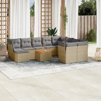 Produktbild von Design 11-tlg. Garten-Sofagarnitur mit Kissen Beige Poly Rattan, Gartenmöbel-Sets 2024 Neu