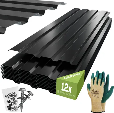 Produktbild von GARMIO® Profilblech Trapezblech Amalfi 129 Set 12 Stück Dachblech 129x45 cm, verzinkter Stahl schwarz