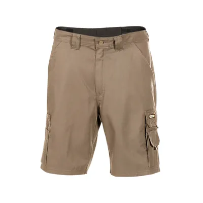 A pair of khaki cargo shorts is shown against a white background.
