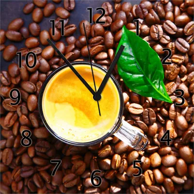 Produktbild von Wallario Design Wanduhr Kaffee und Bohnen aus Echtglas, Größe 30 x 30 cm
