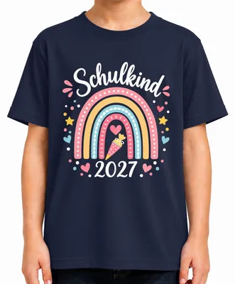Produktbild von Schulkind 2027 Einschulung Regenbogen Schultüte Erster Schultag Kinder T-Shirt, Navy, 128