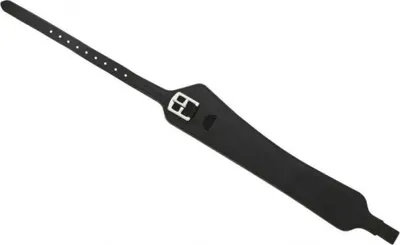 A black leather stirrup strap with a buckle and holes for adjustment, isolated on a white background.