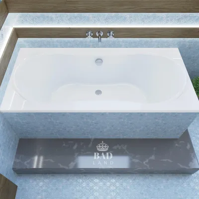 A white bathtub is shown in a bathroom setting with blue tiled walls and a gray marble shelf below.