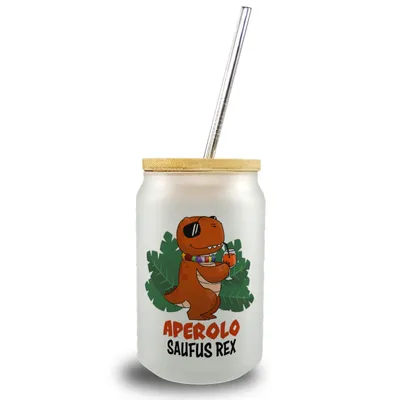Produktbild von Aperolo Saufus Rex Trinkglas mit Bambusdeckel Aperol T-Rex