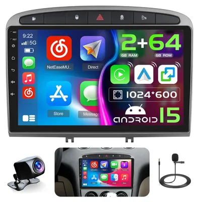 Obrázek produktu pro Android autorádio 2G+64G s operačním systémem Android 15, 9palcový displej, kompatibilní s CarPlay, pro modely Peugeot 308/408, rok výroby 2007-2015