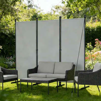Produktbild von FIVMEN Paravent Outdoor wetterfest mit Heringen und Abspannleinen,Klappbar Freistehend Trennwand ohne Bohren,mobiler sichtschutz für Garten Balkon terrasse,3 Teilig 240 x 180 cm Hellgrau