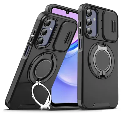 Image de Etui double couche pour Samsung Galaxy A15 5G/4G, avec couvercle coulissant pour l'appareil photo et anneau magnétique Noir
