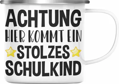 Produktbild von Trendation - Einschulung Junge Mädchen Geschenk Schultüte Füllung Emaille Tasse Schulstart 1. Schultag Schuleinführung Schulanfang Geschenkidee 2023 Schulkind Lustig (Silber)