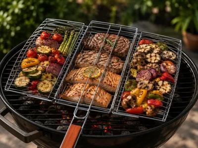 Productafbeelding van Parrilla BBQ Visklem XXL – Grillrooster voor Vis, Vlees en Groenten – 64.5 x 38 cm – BBQ Grillmand met Houten Handgreep, AI-gegenereerde afbeelding