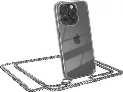 Produktbild von EAZY CASE Metall Handykette für Apple iPhone 15 Pro, Handyhülle mit Umhängeband, Silikonhülle, Metallkette für Smartphone in Silber