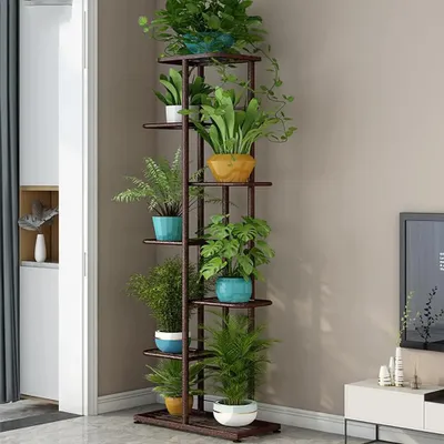 Obrázek produktu pro Venkovní stojan na rostliny – kovový rohový regál na rostliny – 7 úrovní, úsporný design – stojan na květináče – pro balkon, zahradu, obývací pokoj – měděná barva