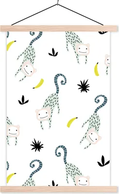 Produktbild von MuchoWow® Textilposter Affe - Banane - Muster 120x180 cm mit holzfarbenen Rahmen - Textil-Plakat
