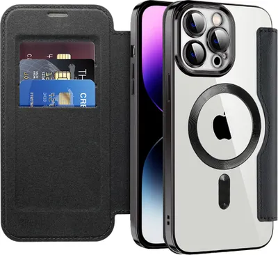 Immagine prodotto di Custodia per iPhone 15 Pro compatibile con MagSafe, custodia trasparente con portacarte, custodia in pelle con protezione per fotocamera nera