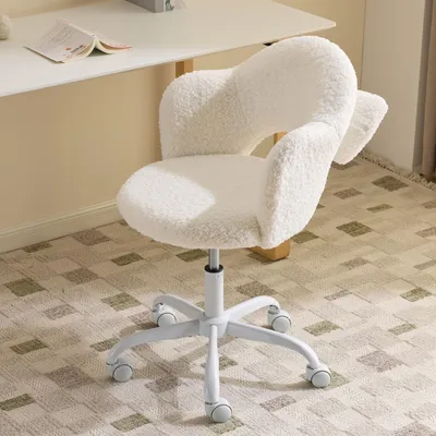 Image de Fauteuil de bureau Alightup en forme de fleur, avec coussin lombaire, mécanisme à gaz, revêtement en imitation peau de mouton, 1 pièce, dimensions 59×57×76‑85,5 cm, rotation à 360°, couleur blanche