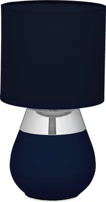 Produktbild von Relaxdays Tischlampe, Metallfuß, Stoffschirm, E14, HxD: 32 x 18 cm, Nachttischlampe mit Kabel, Schlafzimmer, blau/silber
